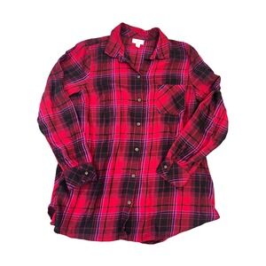 J.Jill Soft Plaid Tunic Button-Up Shirt, Womens Medium Red/Black Western Country
